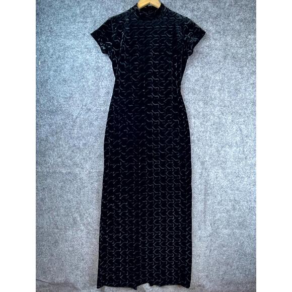 Vintage Luly K Maxi Dress Medium Black Velvet Y2K Textured Sexy Goth Back Slit - Picture 1 of 6